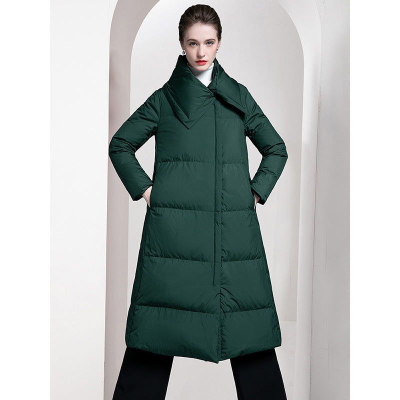 High-End A Letter Print Cape Down Jacket – Loose Fit Mid-Length Coat