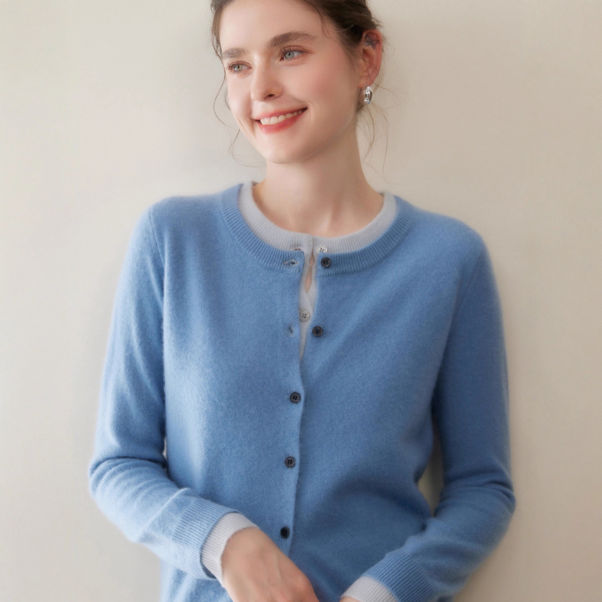 SoftKnit — Women’s Round Neck Color-Block Faux Two-Piece Cashmere Cardigan - Sainiya Eco Wear