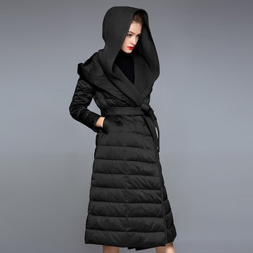 Women's Black Long Hooded 90% White Duck Down Puffer Coat