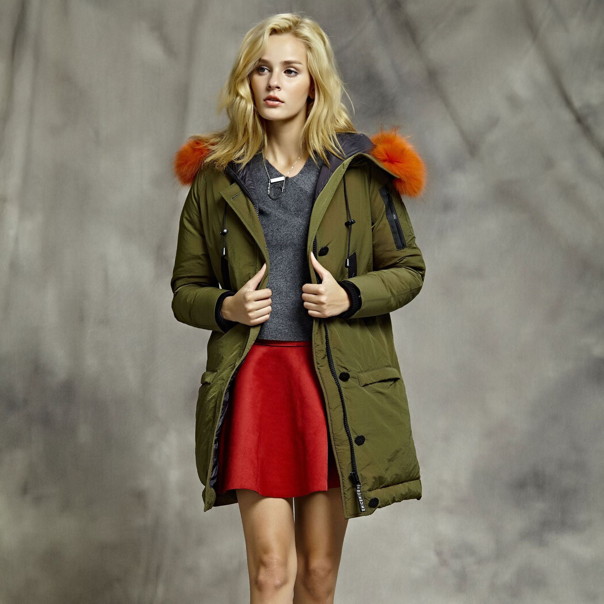 Style Mid-Length Down Jacket with Raccoon Fur Collar for Women