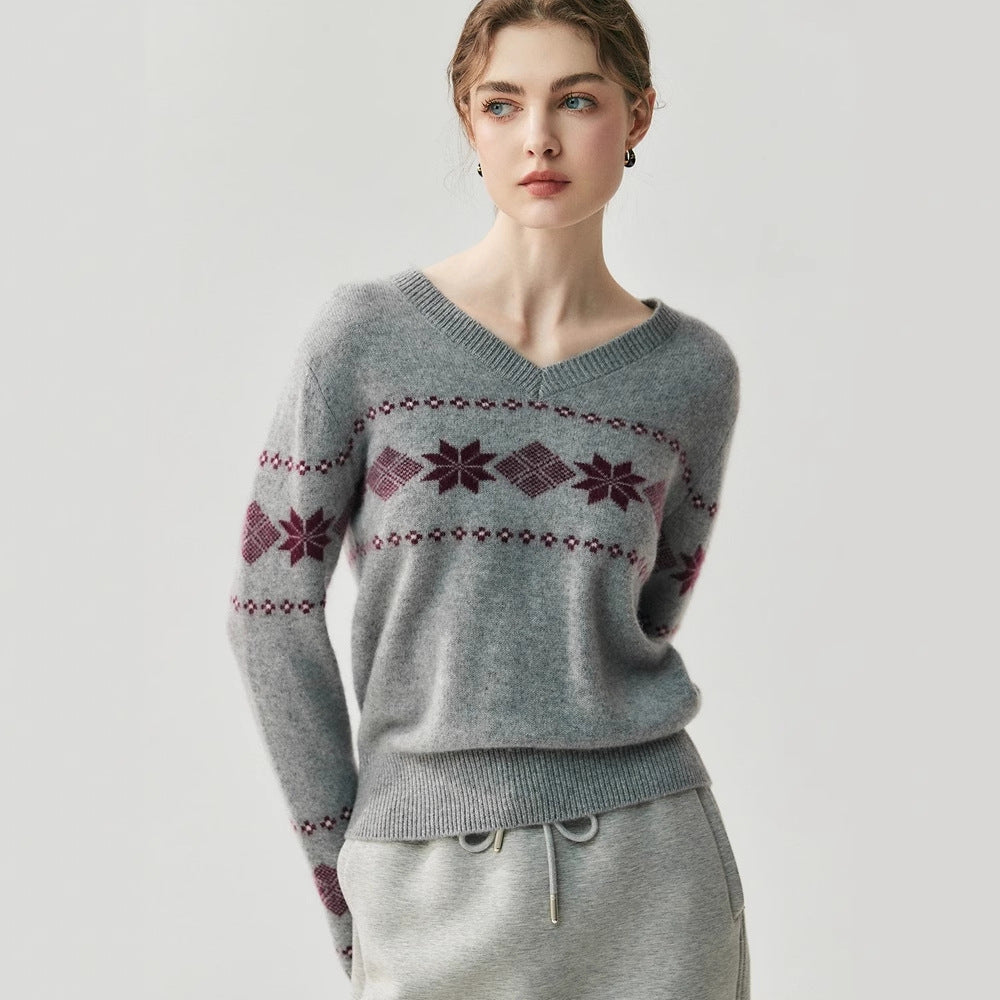 Cashmere Fair Isle Snowflake V-Neck – Cozy Nordic Dream