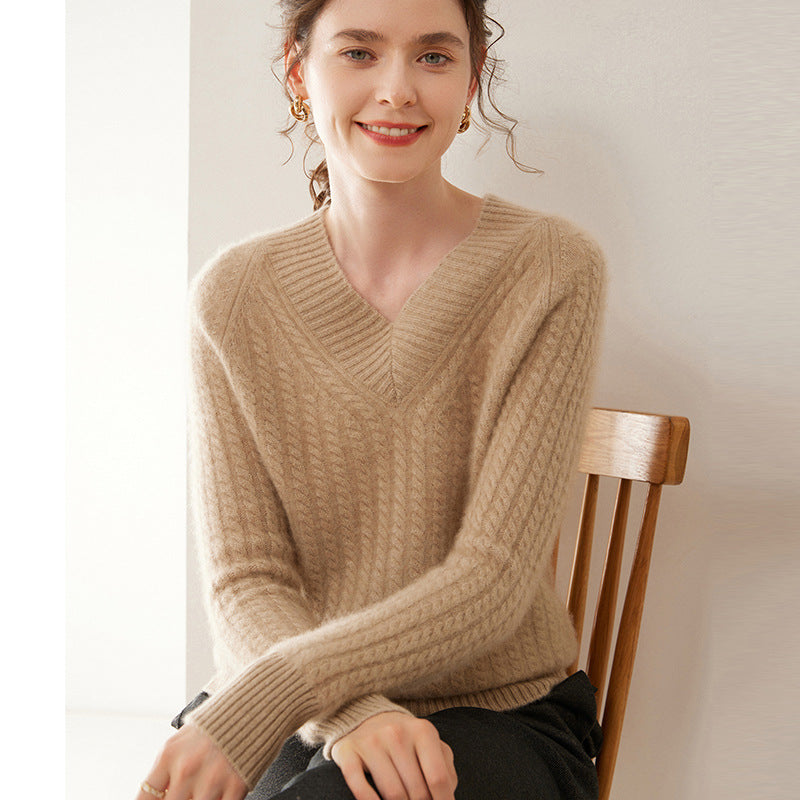 Cashmere V-Neck Sweater for Women – Thickened Cable Knit Loose Base Layer