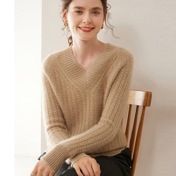 Cashmere V-Neck Sweater for Women – Thickened Cable Knit Loose Base Layer