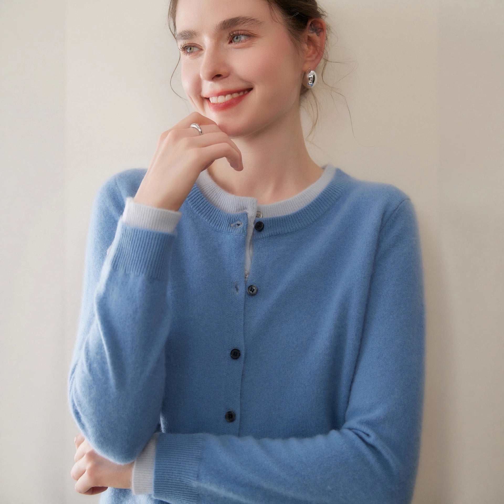 SoftKnit — Women’s Round Neck Color-Block Faux Two-Piece Cashmere Cardigan - Sainiya Eco Wear