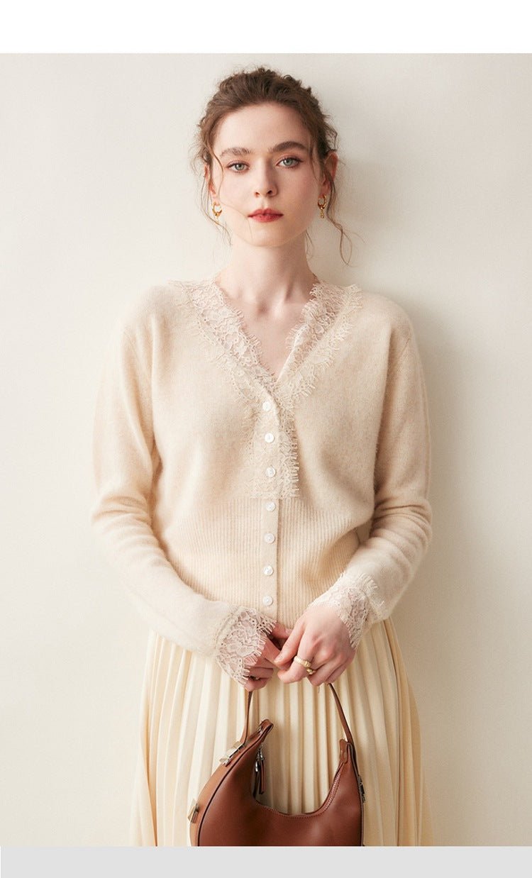 SoftLace — Women’s Baby Cashmere Lace-Trim V-Collar Cardigan - Sainiya Eco Wear