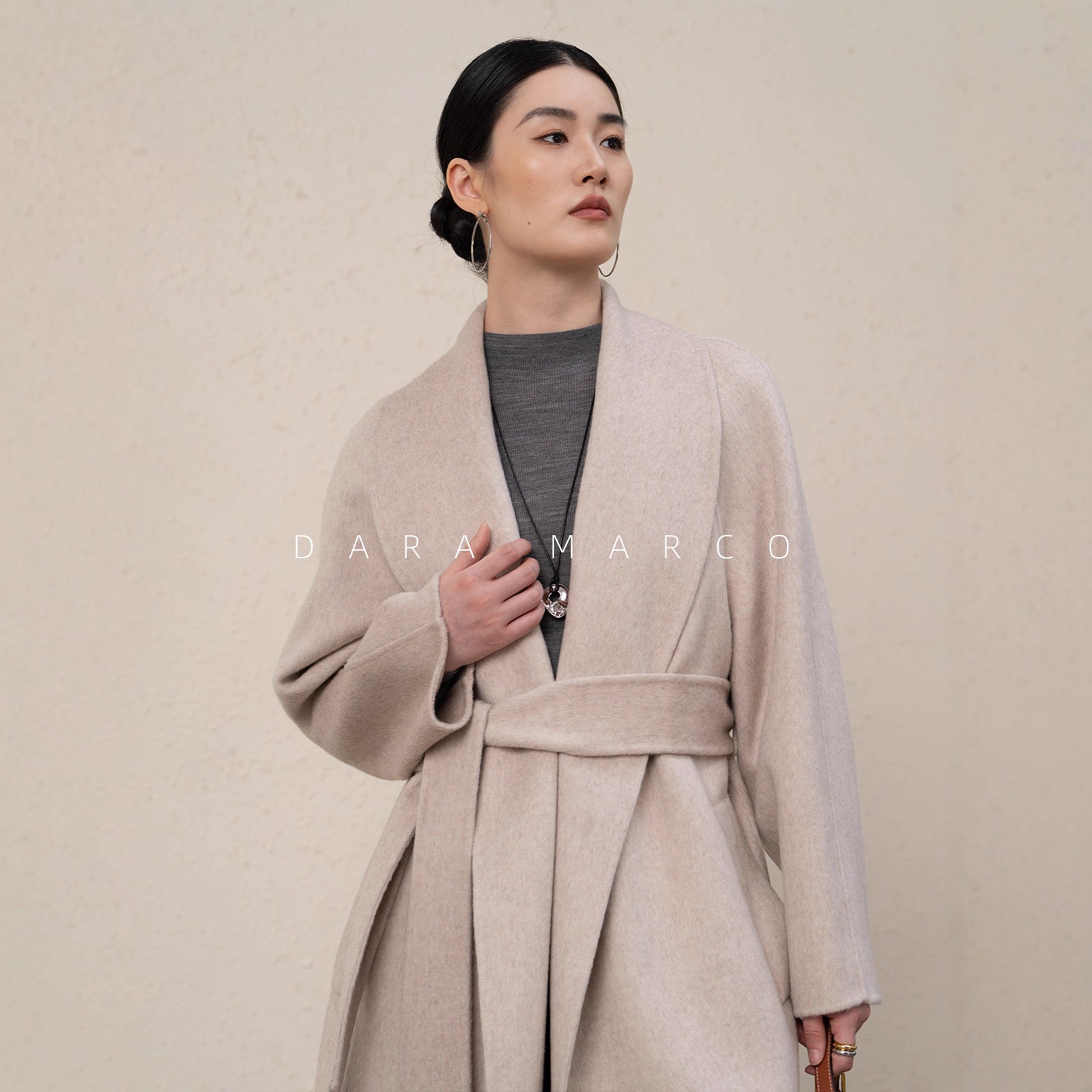 Double-Sided Cashmere Coat with Green Fruit Collar – Loose Fit Long Outerwear