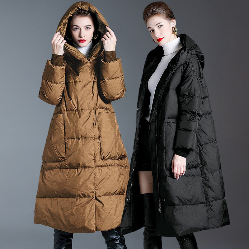 Down Jacket Women’s Plus Size Long Coat – Thickened 90% White Duck Down Winter Over-the-Knee Style