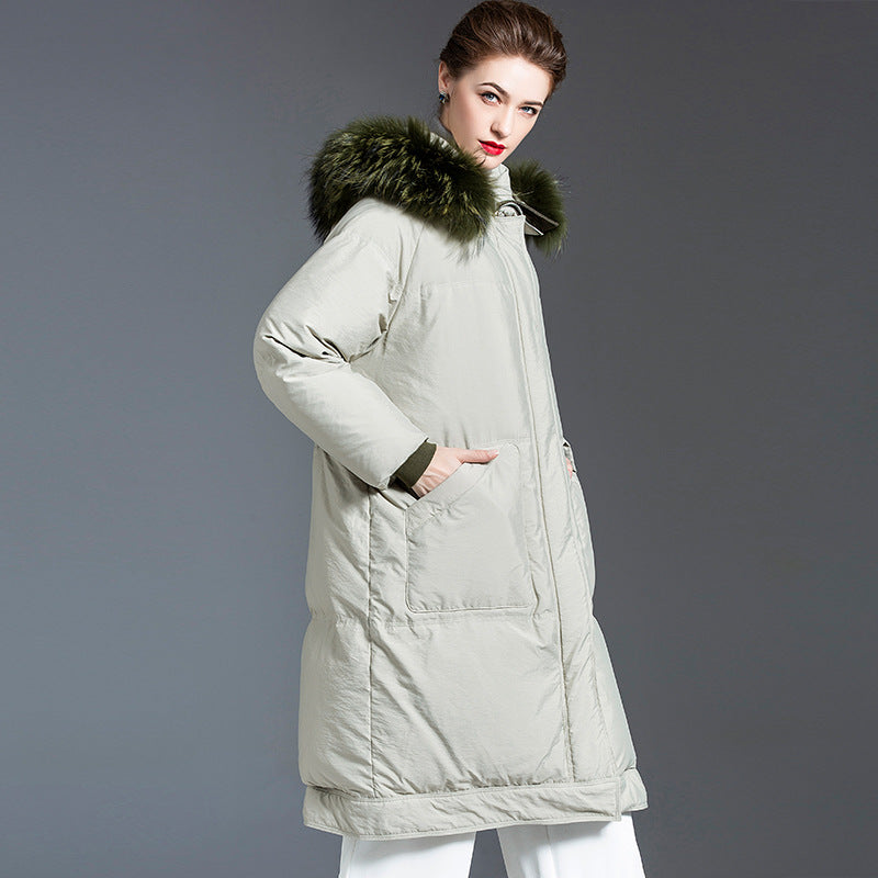 Women’s Down Jacket Mid-Length Coat – Thickened 90% White Duck Down, Warm Loose Cape-Style Winter Coat