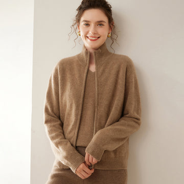 Cashmere Cardigan – Women’s Thickened Stand-Collar Double-Zip Sweater Coat