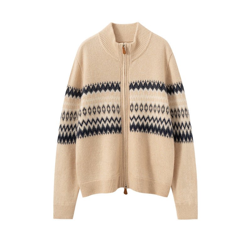 Cashmere Cardigan – Thickened 100% Cashmere Fair Isle Zip Sweater - Sainiya Eco Wear