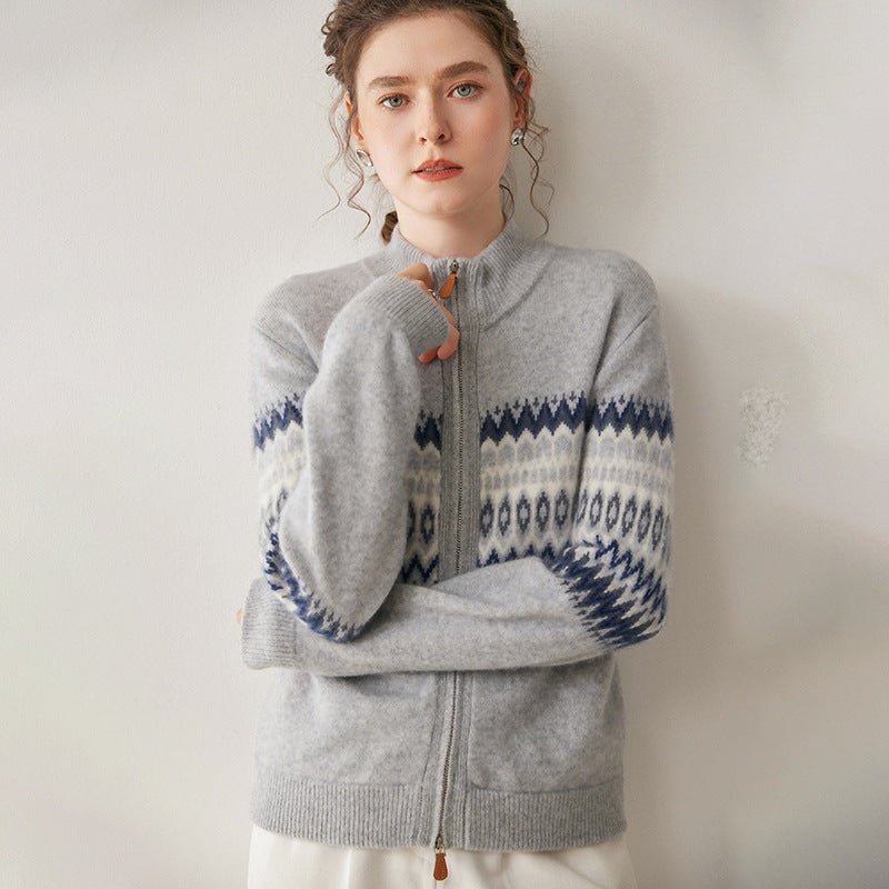 Cashmere Cardigan – Thickened 100% Cashmere Fair Isle Zip Sweater - Sainiya Eco Wear